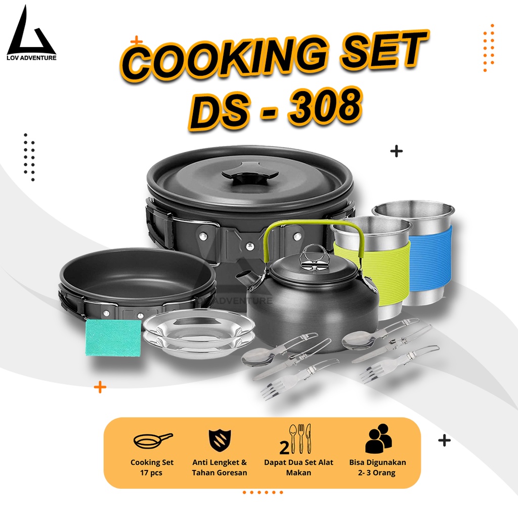 Paket Lengkap Cooking Set Camping DS-308 & Alat Makan Piring Gelas Stenless Steel – A203