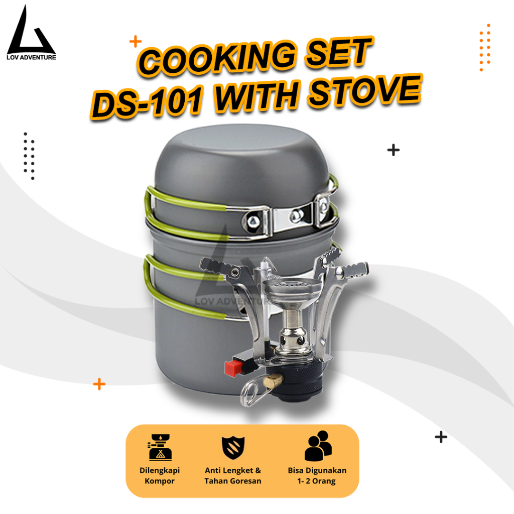 LOV Cooking Set Camping DS-101 + Kepala Kompor Gas Lipat Mini Ultralight